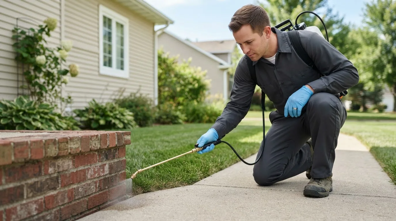 Pest control technician treating a home near Adrian, OR